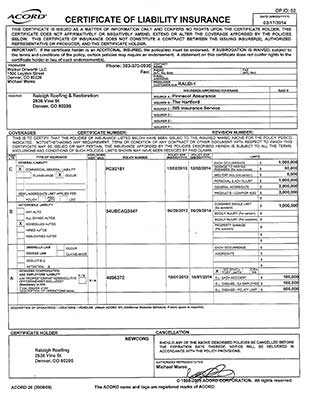 Raleigh Roofing Acord Insurance Certificate